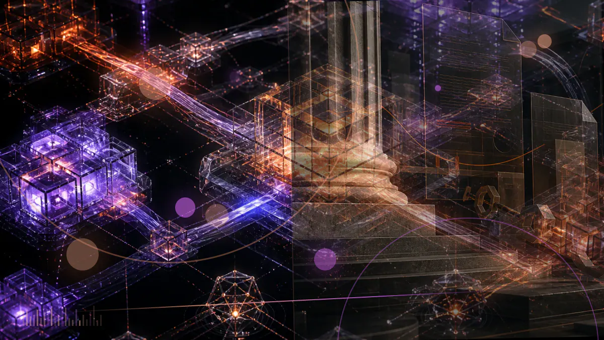 Conceptual illustration of bitcoin and ether symbols converging into two regulated exchange-traded index funds