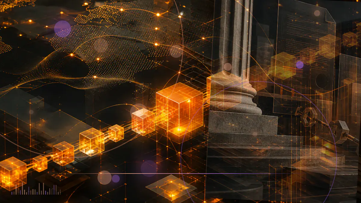 Conceptual illustration of cryptocurrency mining equipment and digital trading accounts restrained by a regulatory asset freeze