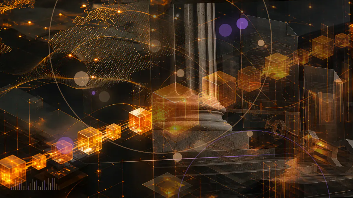 Conceptual illustration of a federal court case file paused between the SEC seal and a cryptocurrency exchange ledger
