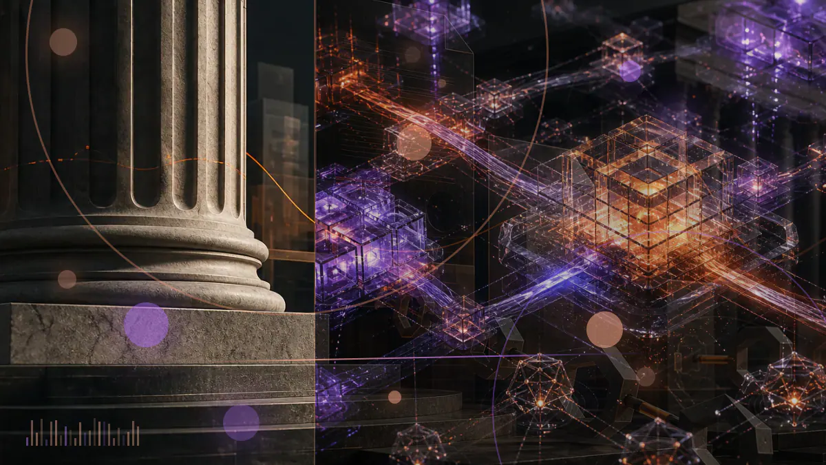 Conceptual regulatory ledger surrounding a blockchain token, with registration documents and investor-claim records