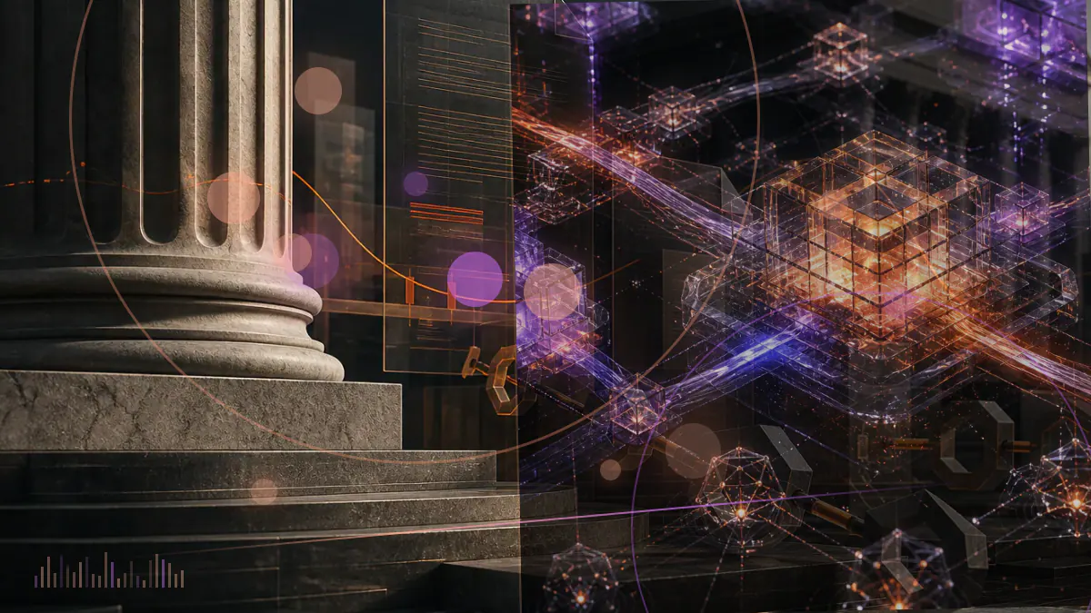 Conceptual illustration of a bitcoin investment fund halted at a regulatory barrier connecting spot and futures markets