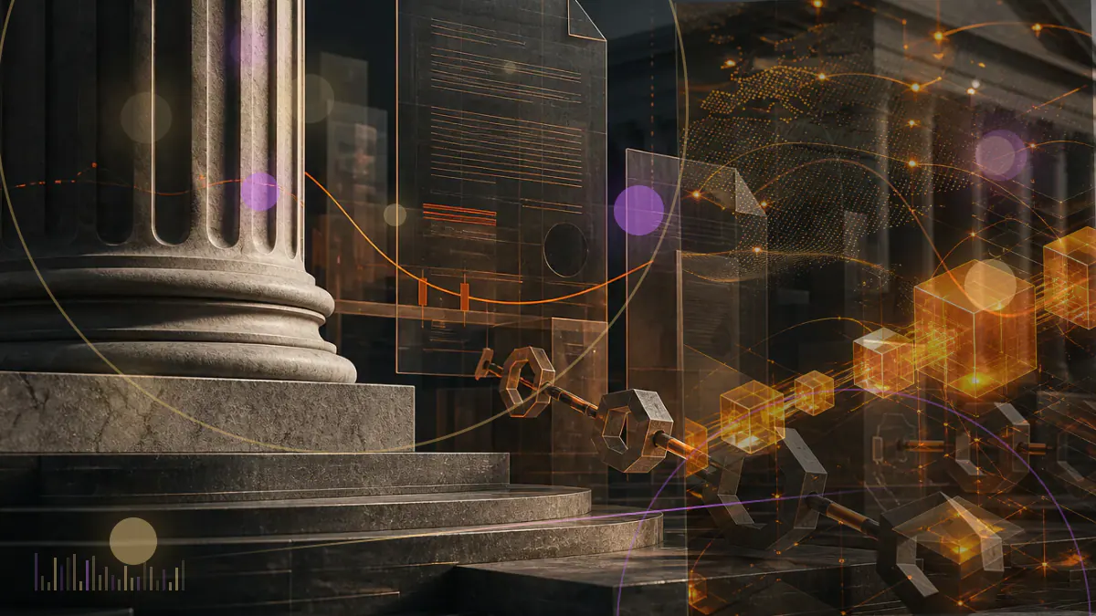 Conceptual illustration of SEC and CFTC regulatory pathways converging around cryptocurrency markets and decentralized protocols