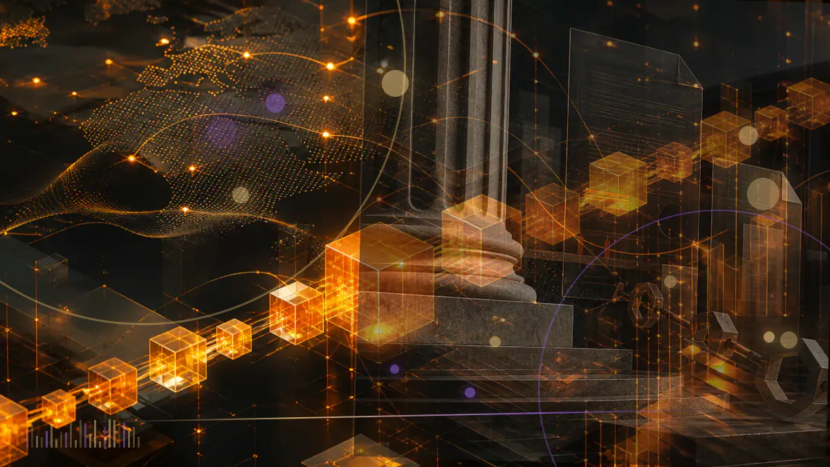 Conceptual illustration of an SEC policy document opening a conditional gateway to decentralized on-chain financial software