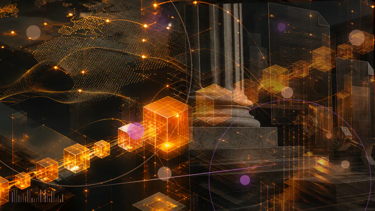 Conceptual illustration of a bitcoin approaching a regulated securities-exchange gateway