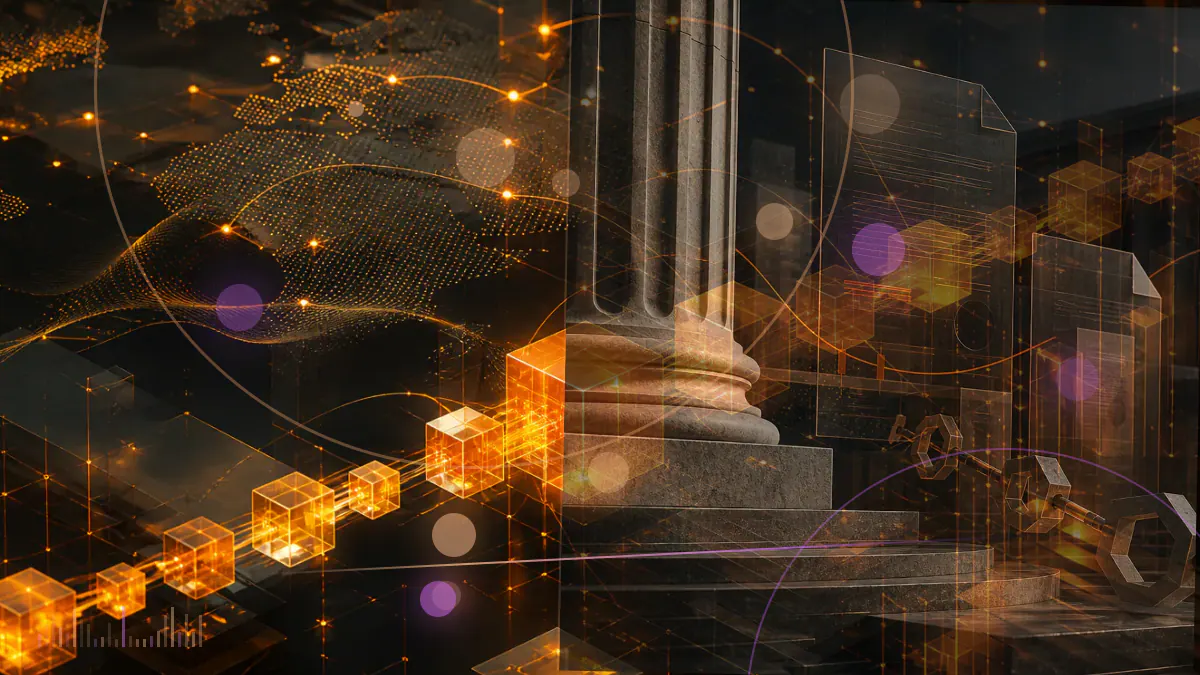 Conceptual illustration of an Ethereum network beside a closed regulatory case file and institutional seal