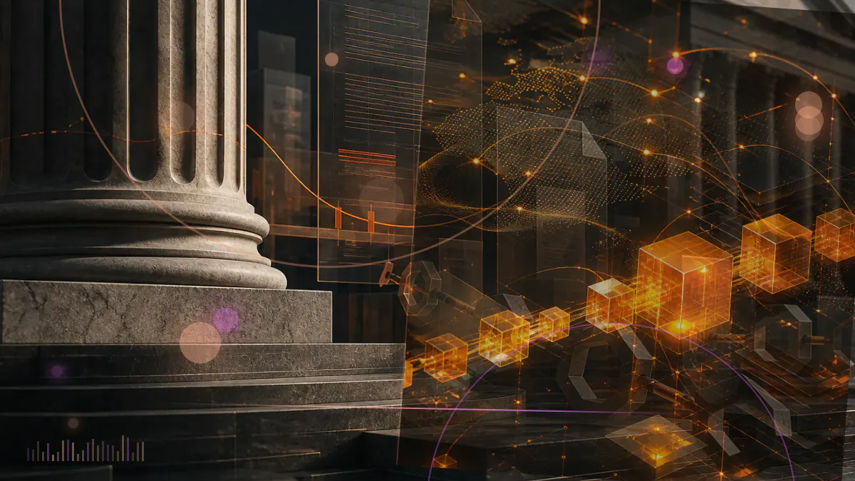 Conceptual illustration of an SEC regulatory ledger bridging tokenized securities and cryptocurrency trading venues