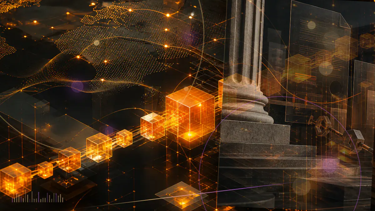 Conceptual illustration of staking receipt tokens passing through a regulatory framework around a blockchain network