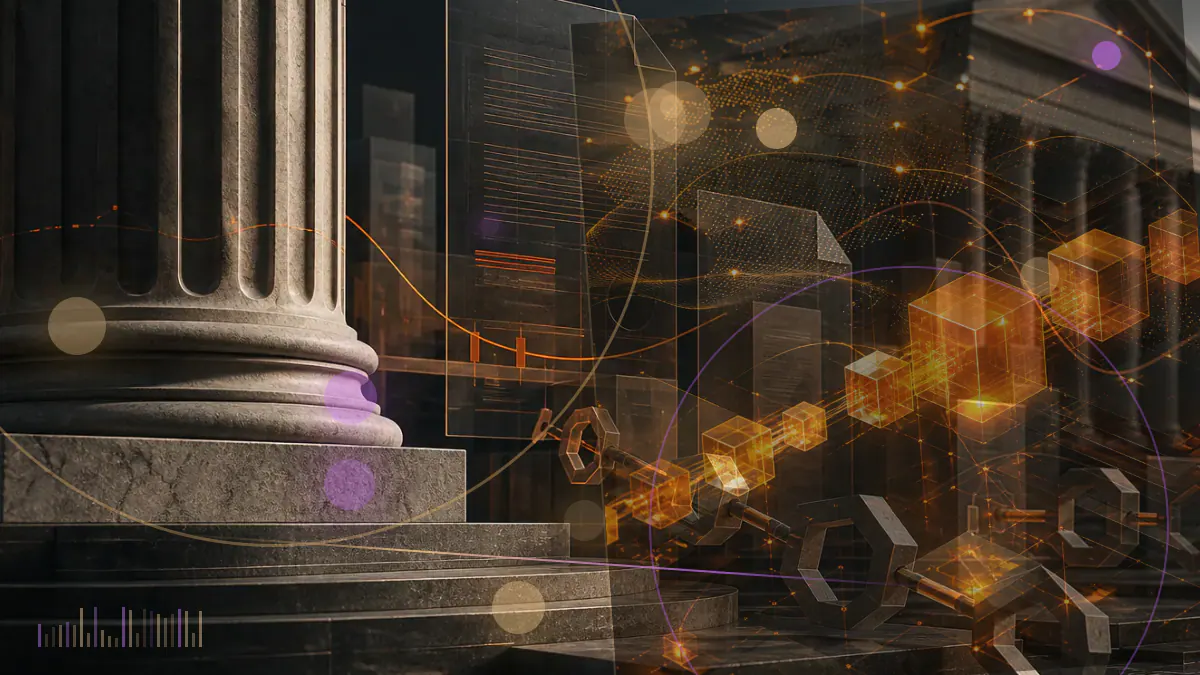 Conceptual illustration of a public regulatory roundtable surrounded by encrypted blockchain records and privacy shields