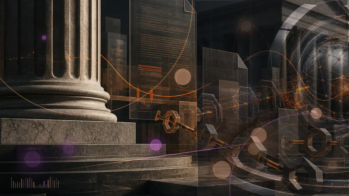 Conceptual illustration of a regulatory roundtable surrounded by digital-asset networks and legal documents