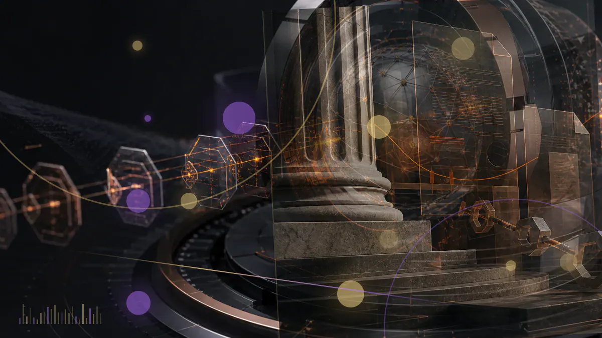 Conceptual illustration of a regulatory document between a federal courthouse and a digital-asset exchange network