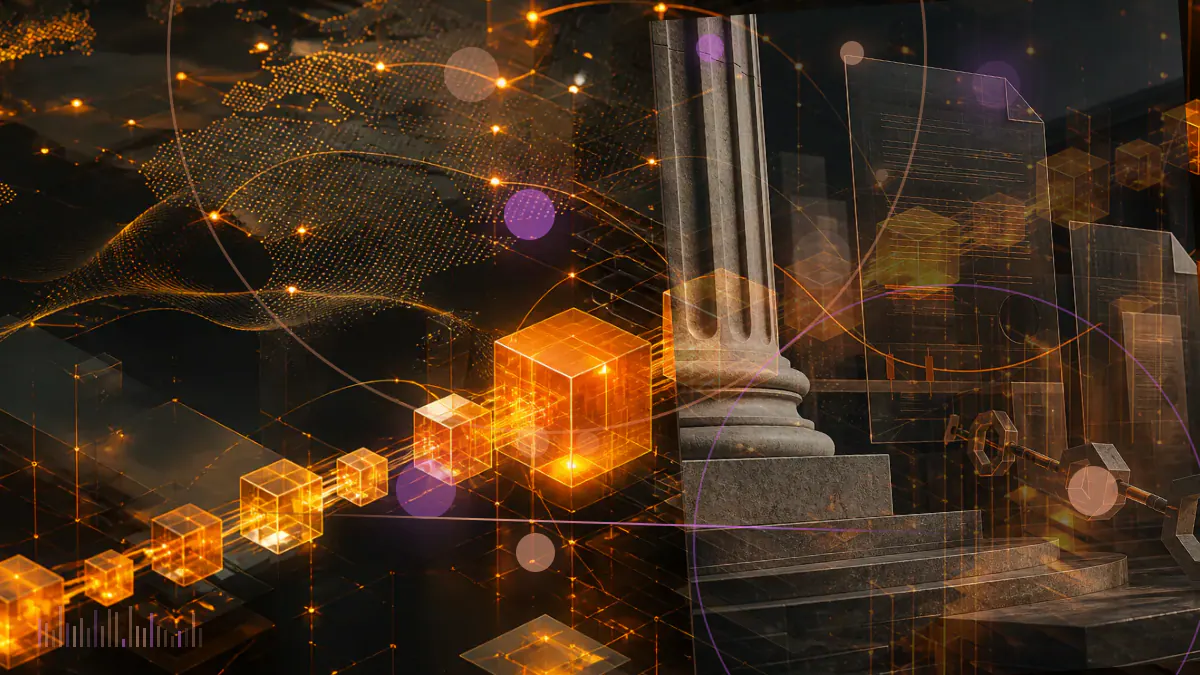 Conceptual illustration of an ether symbol beside an institutional regulatory filing and an extended review timeline
