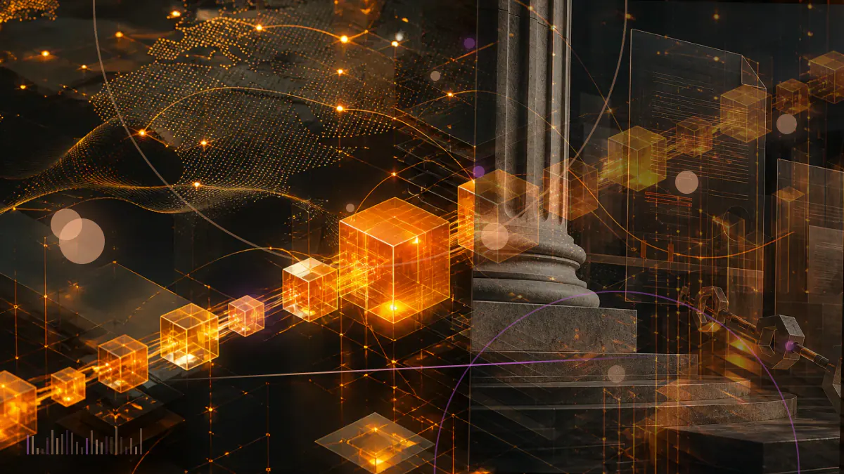 Conceptual illustration of a federal securities complaint beside a digital token network and recruitment structure