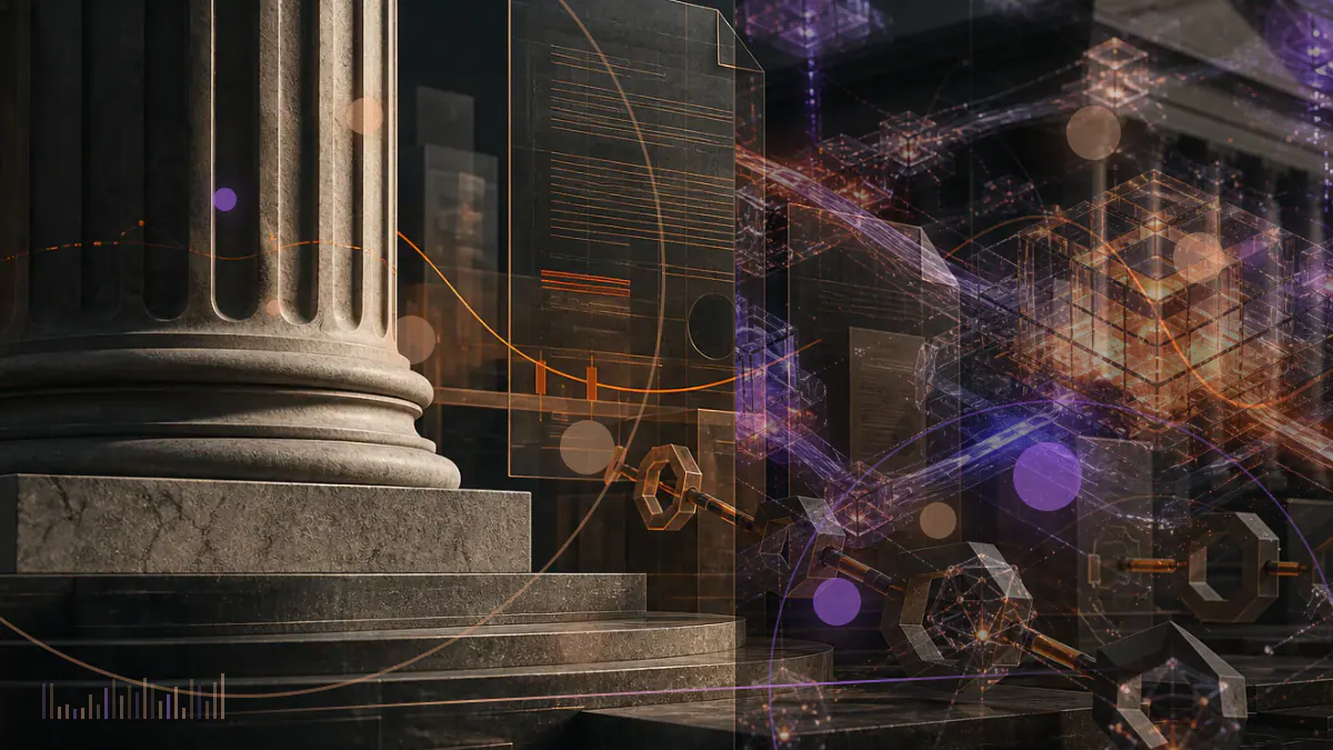 Conceptual illustration of a regulatory document intersecting with decentralized-finance smart-contract nodes and digital tokens