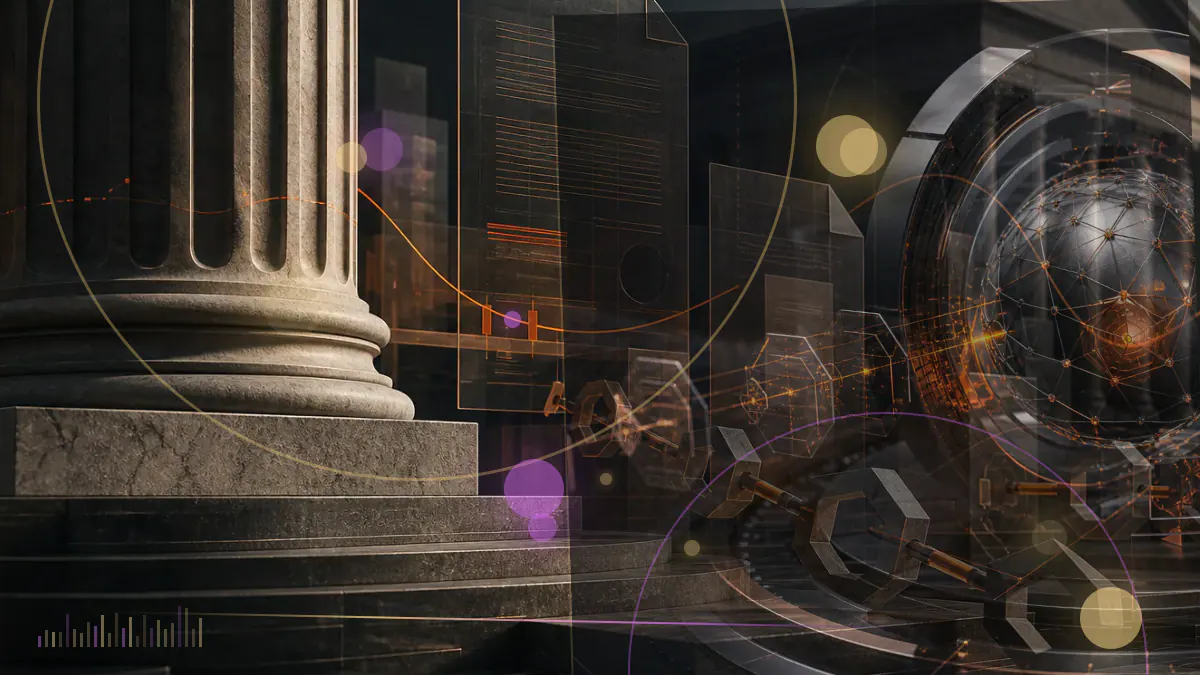 Conceptual illustration of an NFT key, securities-law document and smart-contract royalty code under regulatory review