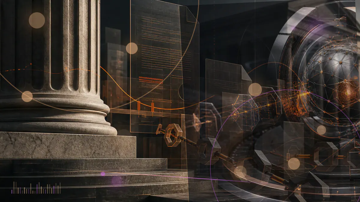 Conceptual illustration of regulated fund records linking a traditional custody ledger with a blockchain network