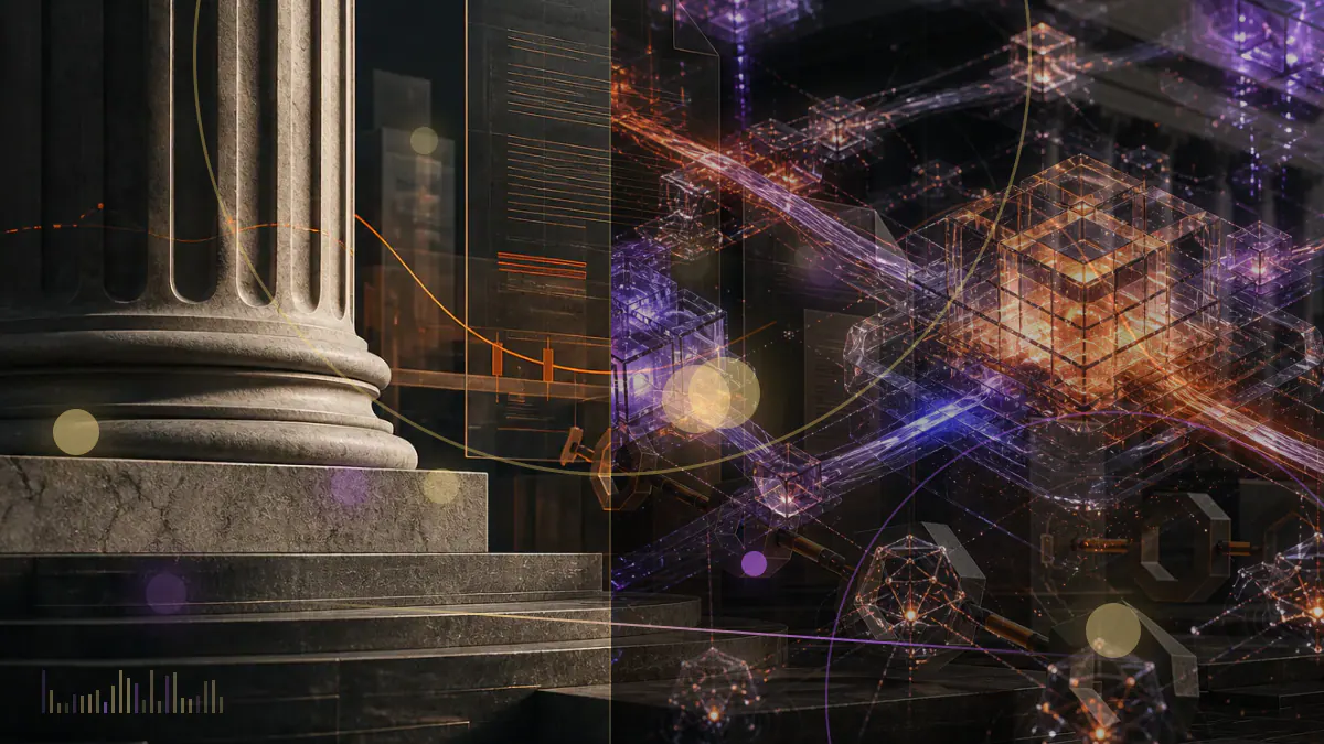 Conceptual illustration of regulated exchange rails connecting digital assets to listed investment products