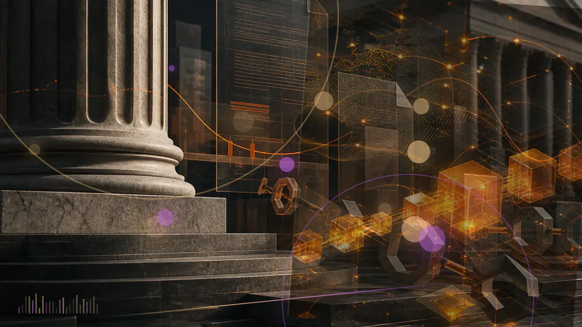Conceptual illustration of a social-media post passing through a regulatory disclosure ledger beside a digital token