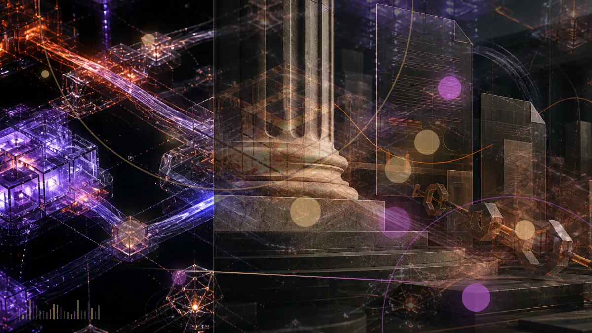 Conceptual illustration of an SEC policy document connecting tokenized securities, digital-asset trading and public blockchain rails