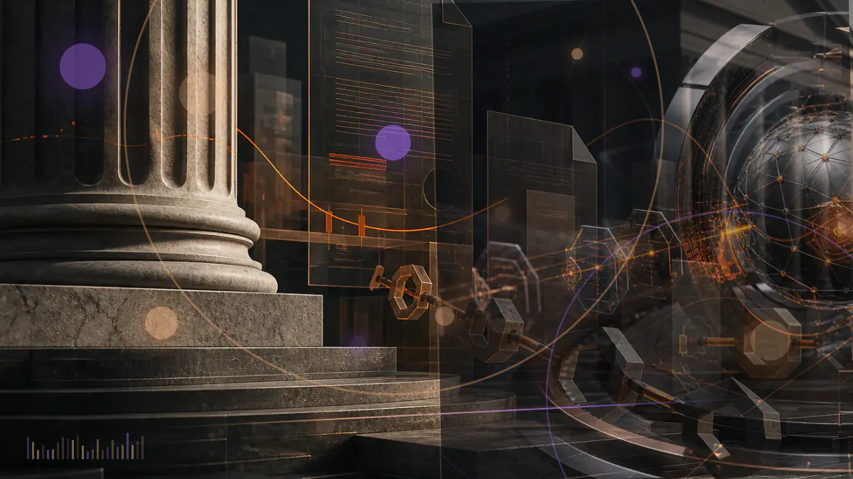 Conceptual illustration of an SEC regulatory document connected to a network of digital assets and institutional market participants