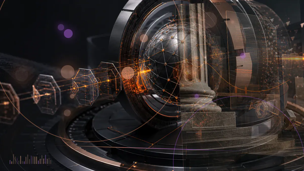 Conceptual illustration of a federal regulatory hub connecting digital tokens, distributed-ledger nodes and financial institutions