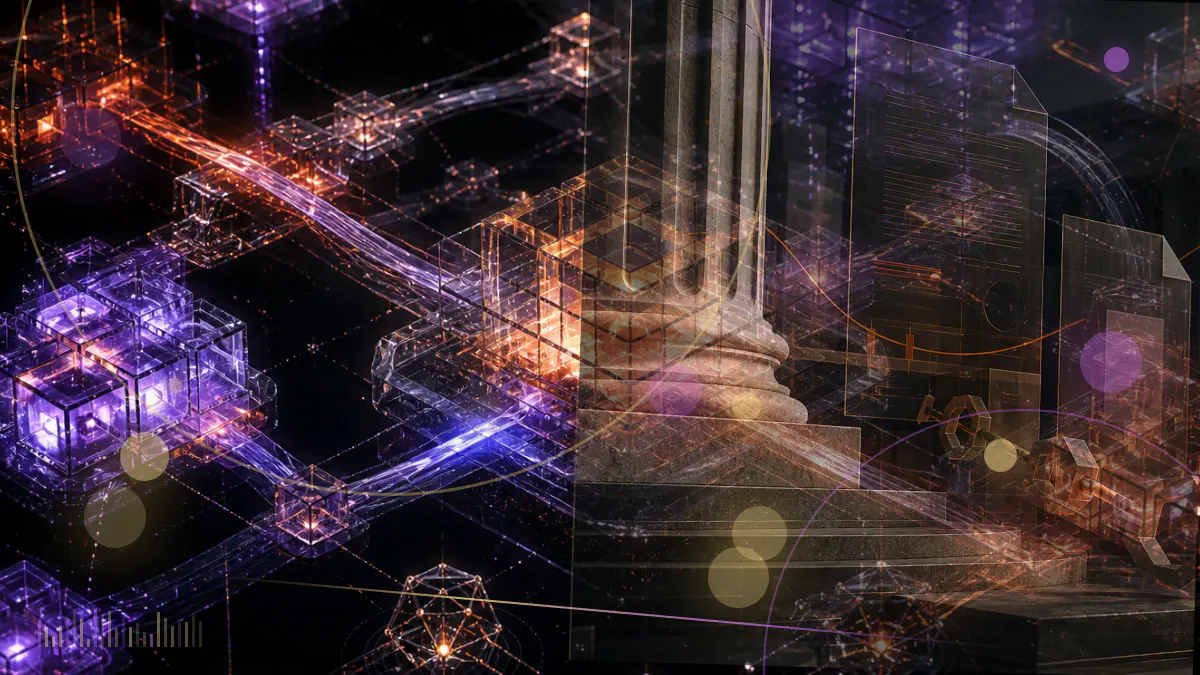Conceptual illustration of a DAO governance token, decentralized trading interface and federal regulatory case file