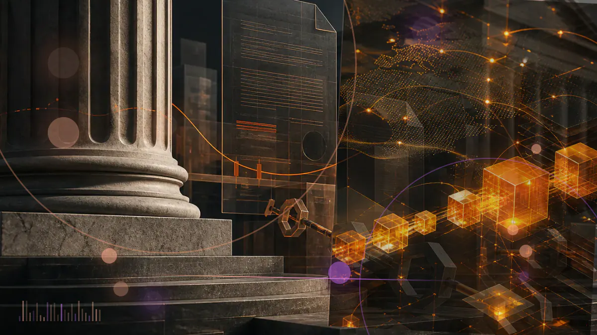 Conceptual illustration of a regulatory filing receding from a digital liquidity network and courthouse columns