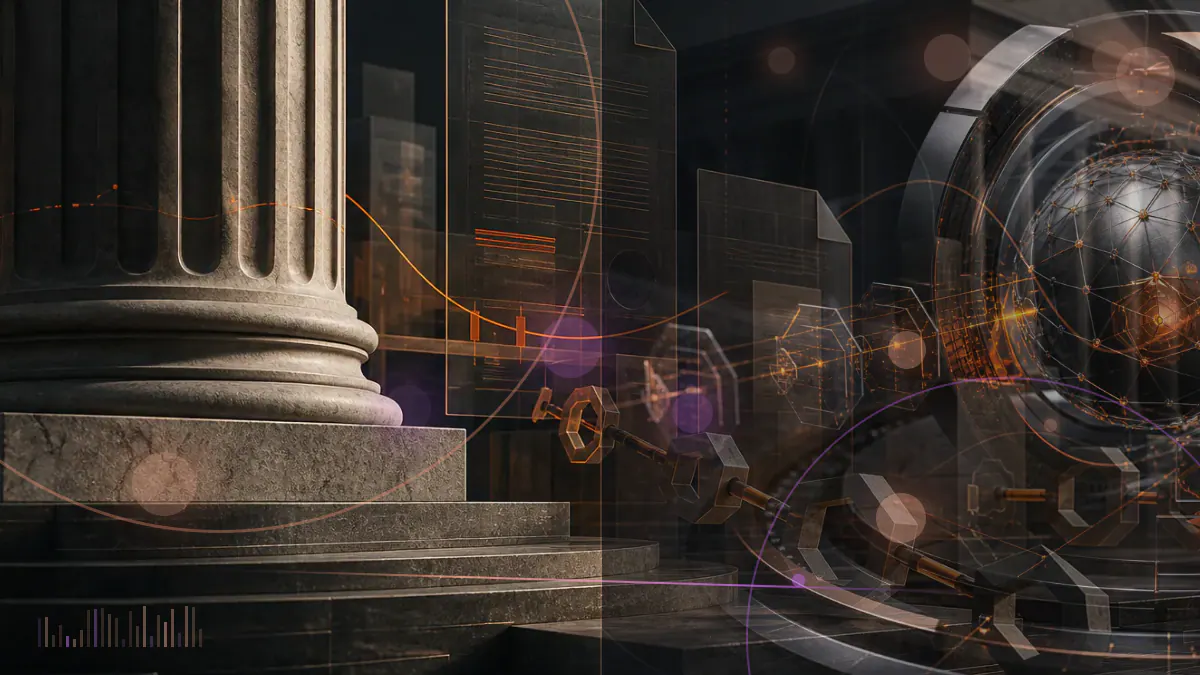Conceptual illustration of a Bitcoin price index flowing into a regulated options contract while passing through SEC and CFTC checkpoints