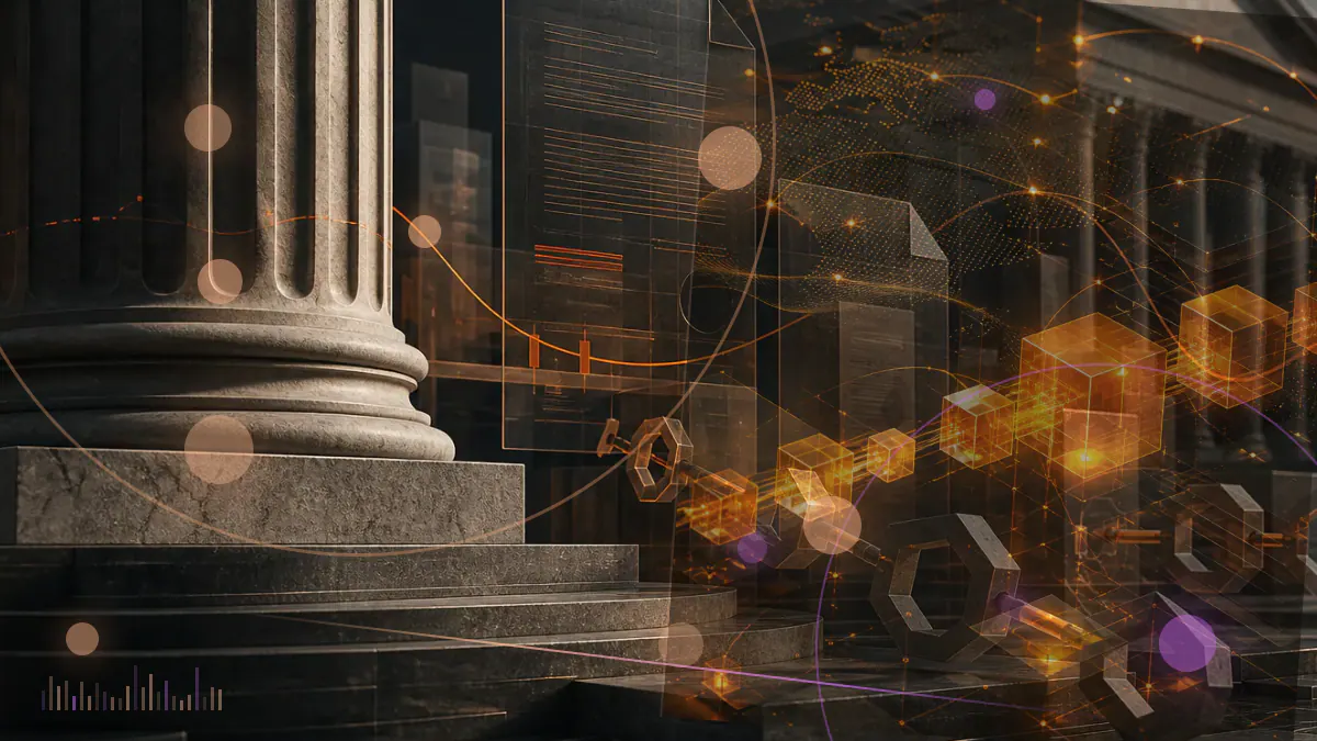 Conceptual illustration of cryptocurrency transfers branching through a recruitment network toward a federal court filing