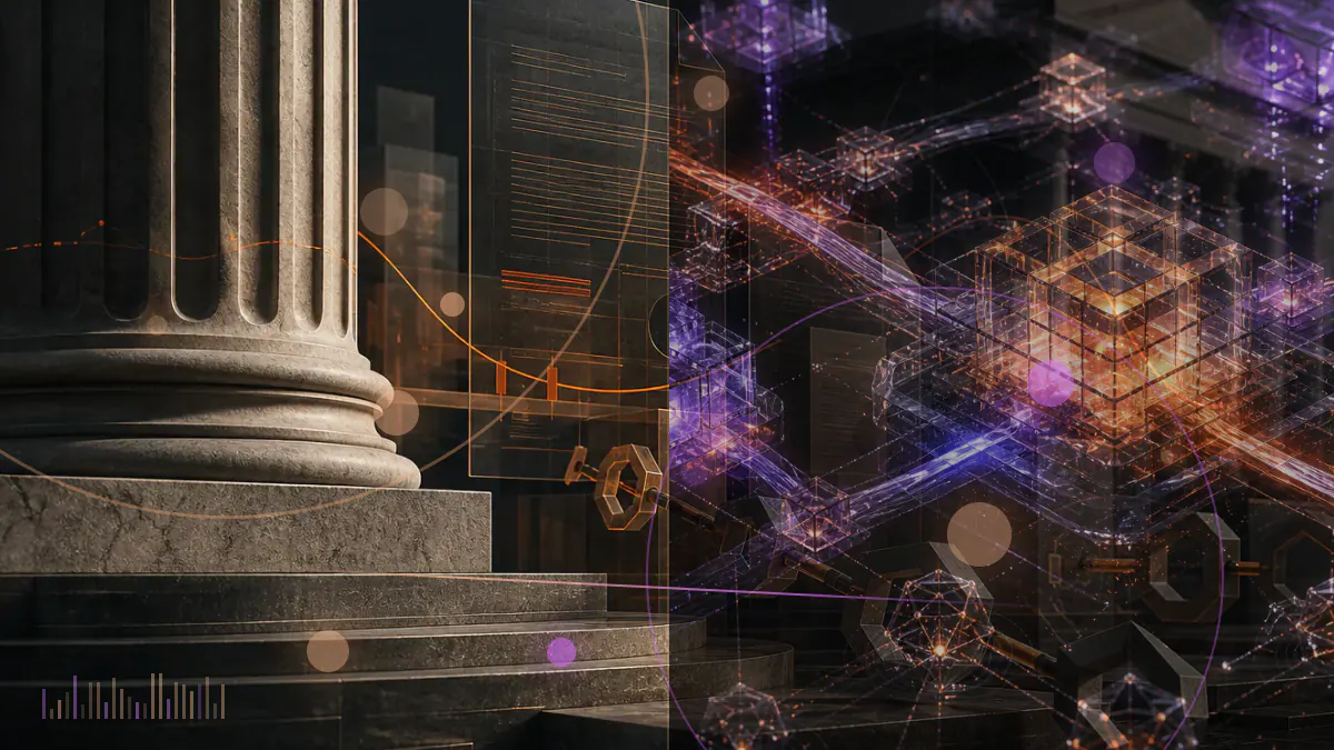 Conceptual illustration of a bitcoin trust filing under regulatory review, with exchange-market rails, surveillance nodes and a secured digital-asset vault