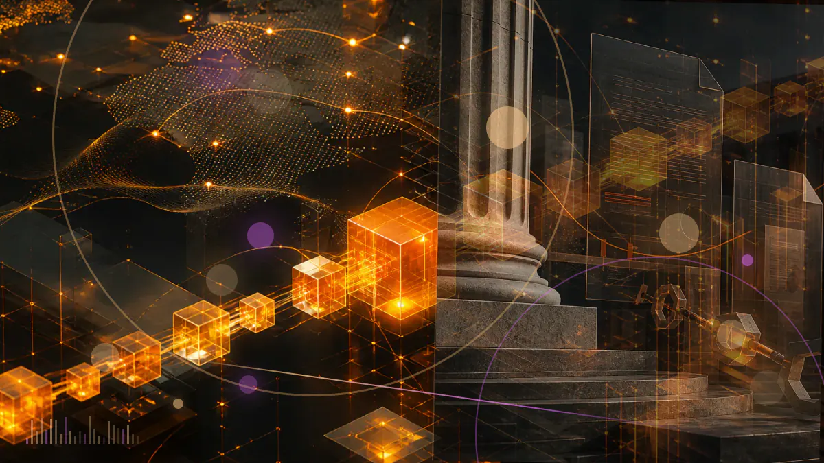 Conceptual illustration of a cryptocurrency ledger and exchange interface divided by a federal court filing
