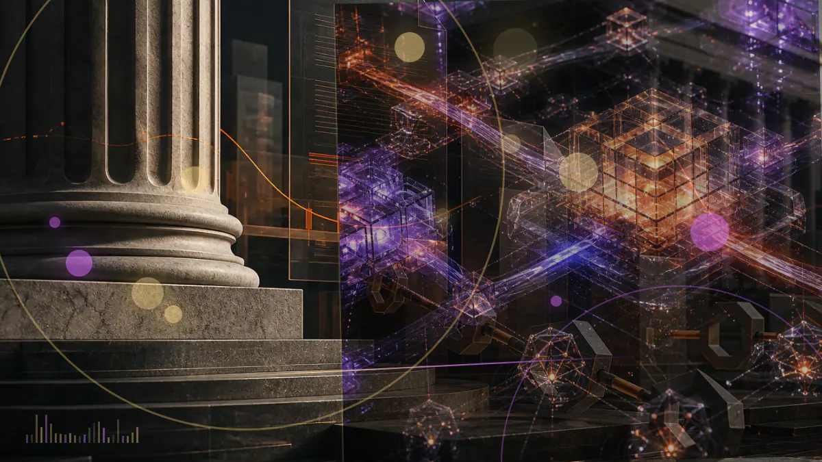 Conceptual illustration of regulated equity settlement records moving across a permissioned blockchain ledger
