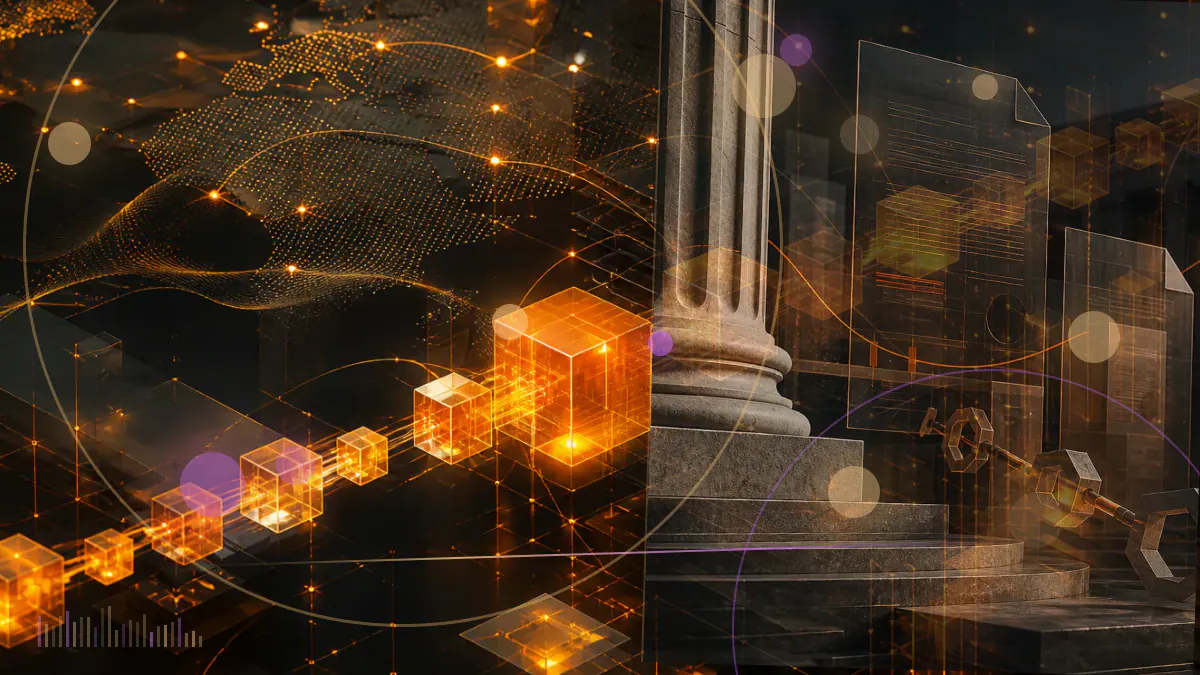 Conceptual illustration of an SEC regulatory roadmap connecting token offerings, custody, staking and digital-asset markets