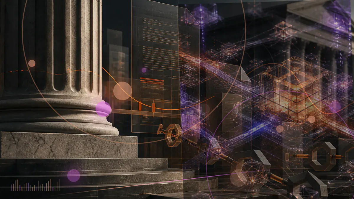 Conceptual illustration of seven institutional bitcoin fund filings paused before a U.S. regulatory review gate