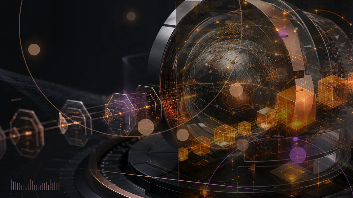 Conceptual illustration of a digital token and blockchain ledger under examination beside a regulatory filing