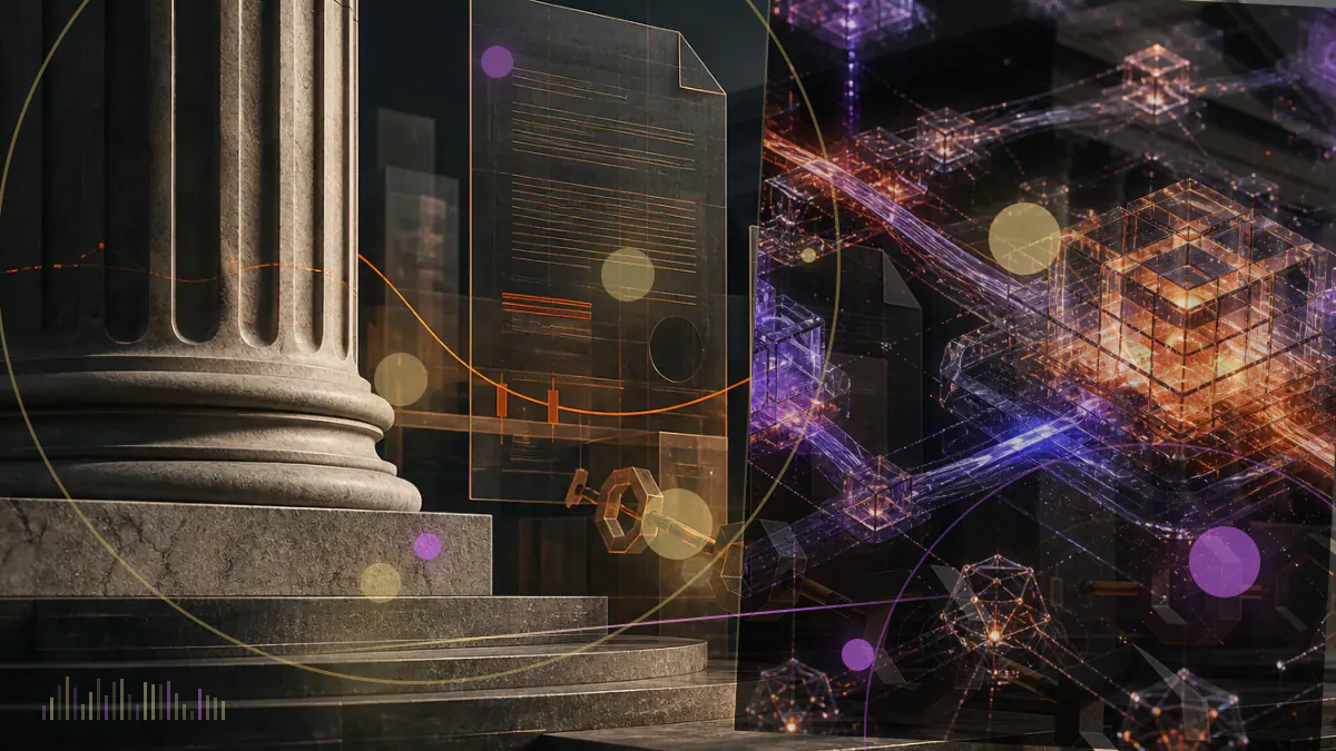 Conceptual illustration of proof-of-work mining hardware connected to a blockchain ledger beside an institutional regulatory document