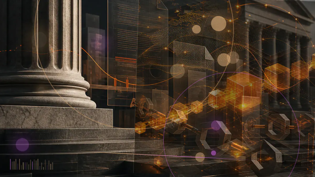 Conceptual illustration of QSP tokens moving from an Ethereum-based smart-contract auditing network into a regulatory ledger and investor compensation fund