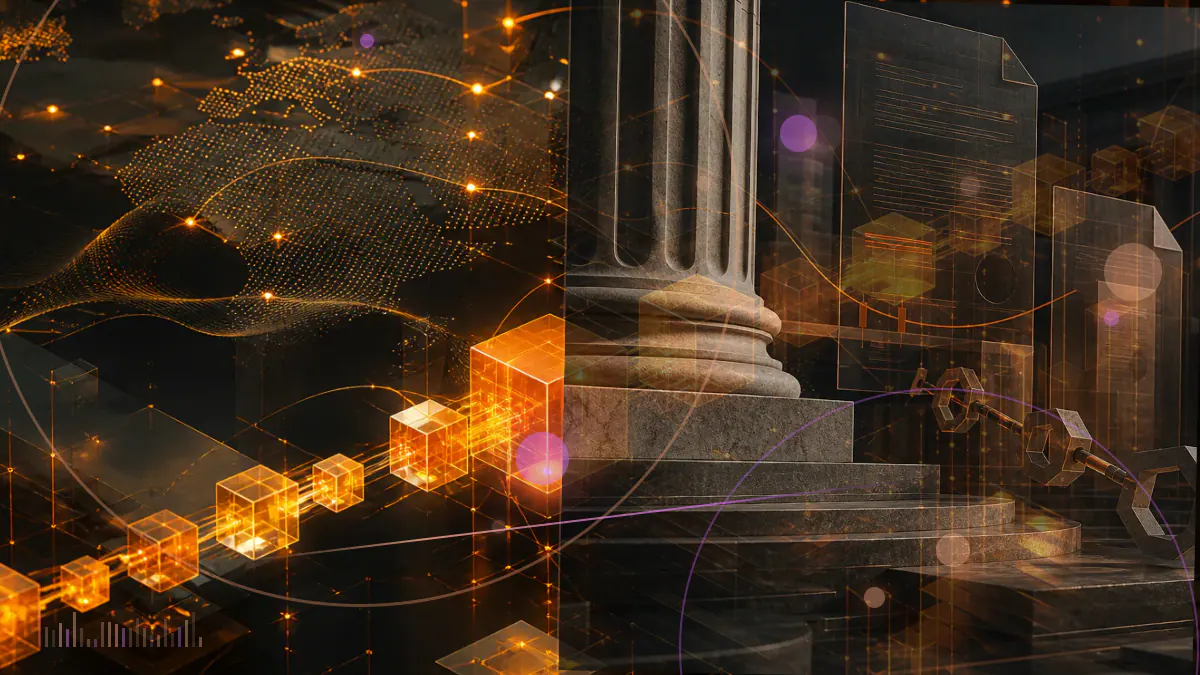 Conceptual illustration of a bitcoin and U.S. Treasury investment product halted at a regulatory review barrier
