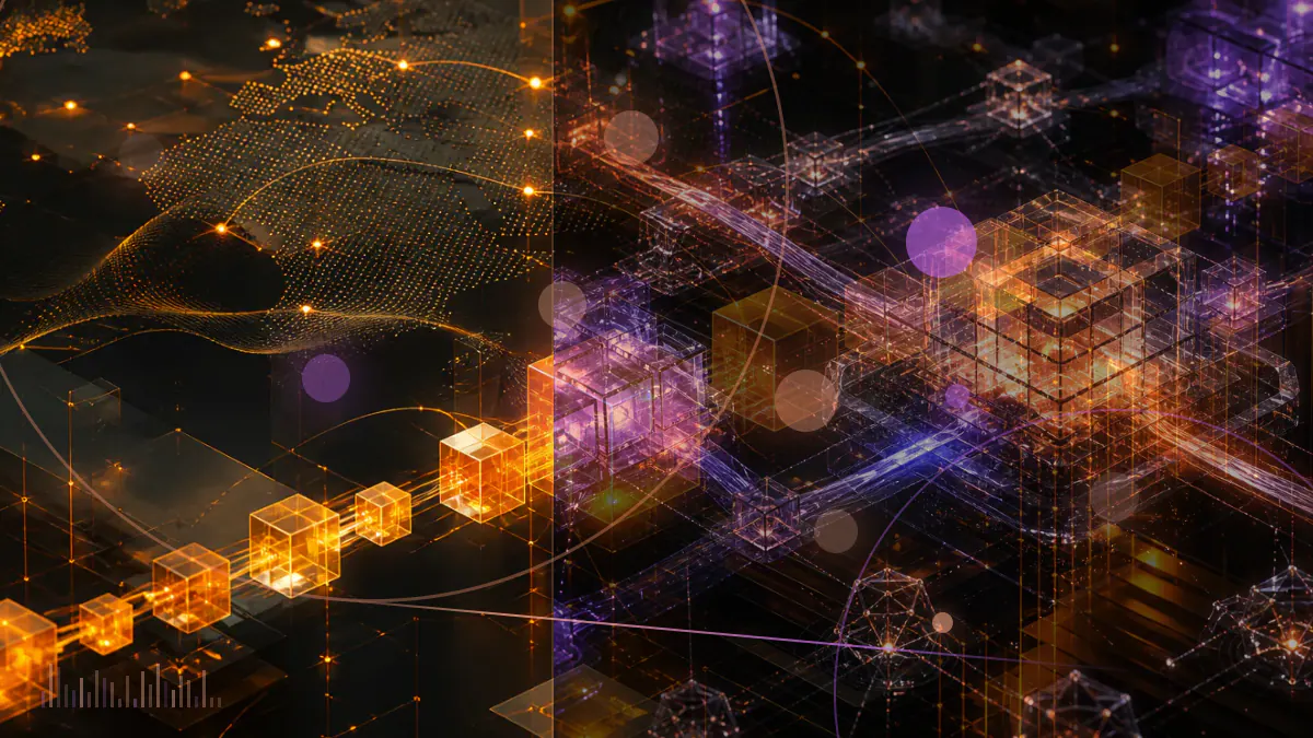 Conceptual illustration of a federal enforcement shield spanning blockchain networks, artificial intelligence and cybersecurity threats