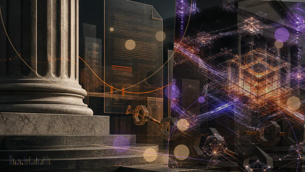 Conceptual illustration of a federal court order blocking an immediate SEC appeal beside an XRP-style digital ledger