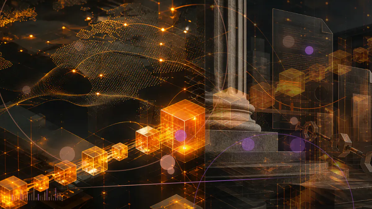 Conceptual illustration of an XRP ledger beside a federal appellate filing and branching court paths
