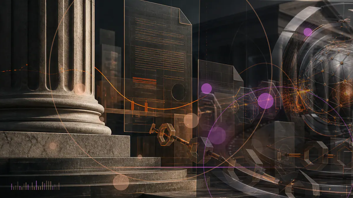 Conceptual illustration of a bitcoin symbol beside an institutional regulatory filing and divided legal classification lines