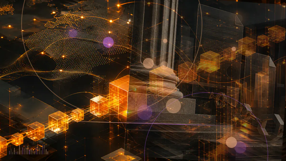 Conceptual illustration of staked crypto assets connected to transferable receipt tokens beside a regulatory ledger