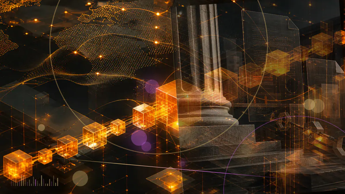 Conceptual illustration of proof-of-stake validator nodes connected to an SEC legal analysis document