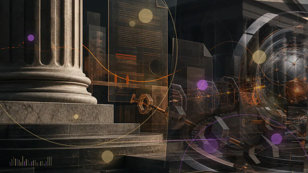 Conceptual illustration of a bitcoin-denominated exchange ledger under parallel civil and criminal scrutiny
