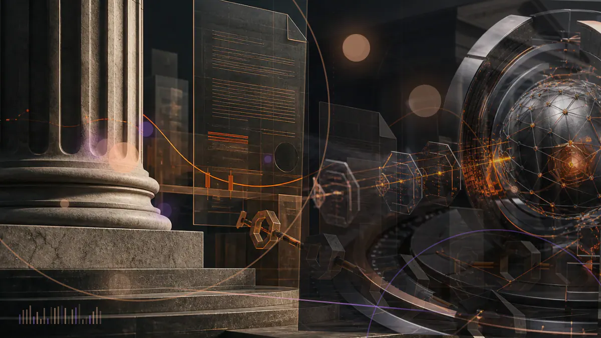 Conceptual illustration of an XRP ledger confronting a federal court complaint and regulatory scales