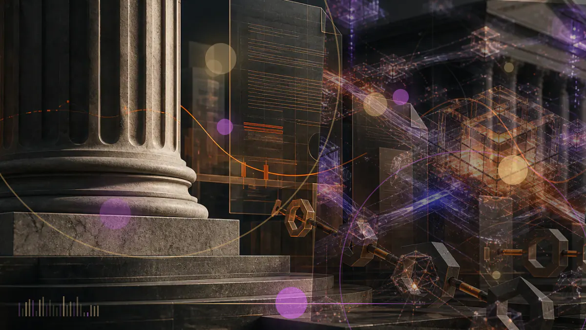 Conceptual illustration of a regulatory document beside bitcoin symbols and futures-market charts