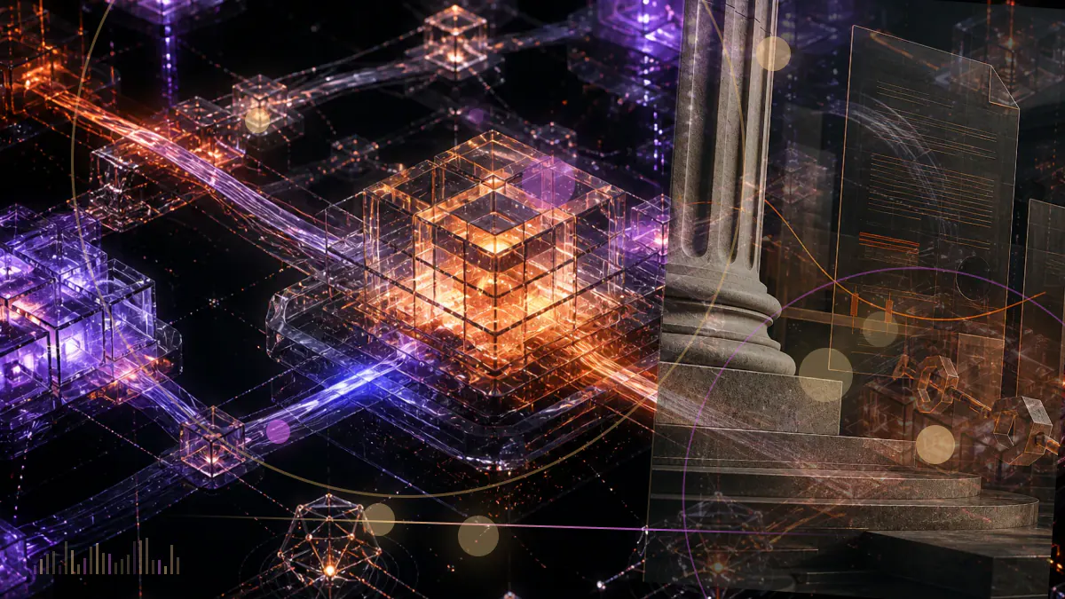 Conceptual illustration of tokenized securities passing through regulatory examination and clearing infrastructure