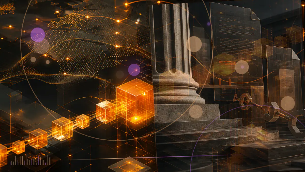 Conceptual cryptocurrency editorial illustration for SEC staff separated issuer and third-party models for tokenized securities
