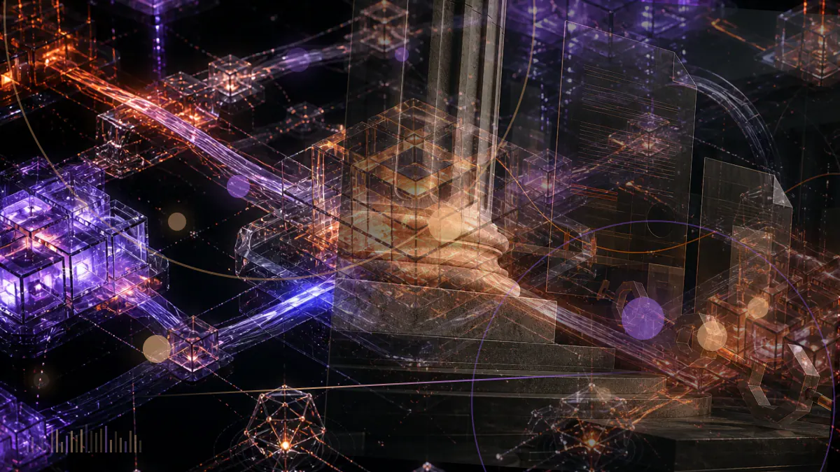 Conceptual illustration of regulatory documents linked to a digital-asset network inside a government institution
