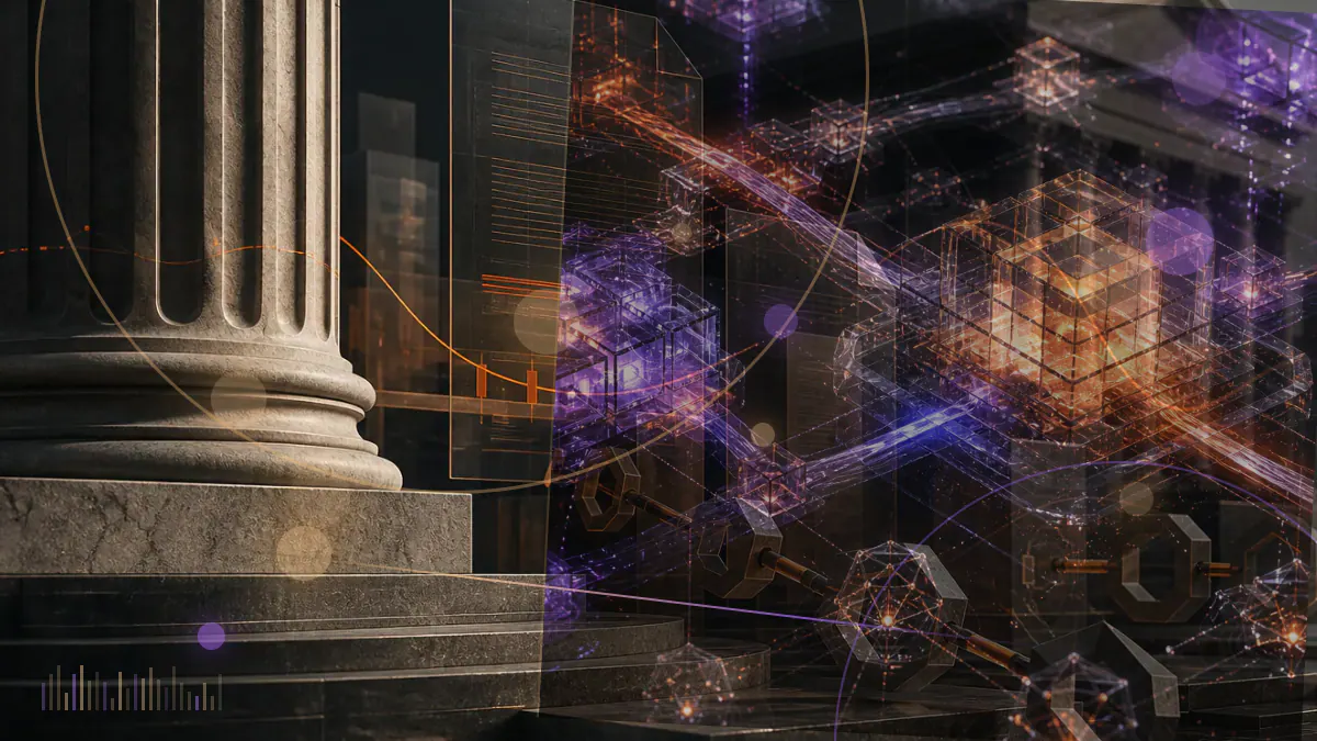Conceptual illustration of an SEC filing and exchange-traded trust structure surrounding a bitcoin symbol